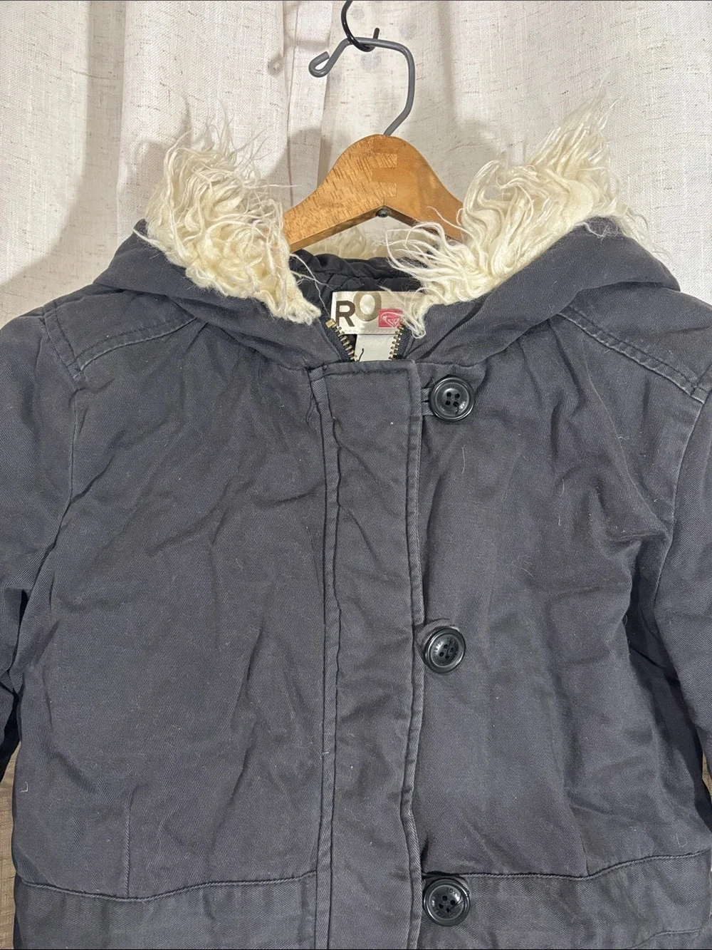 Roxy Girls Black Hooded Jacket with Cream Faux Fur Trim